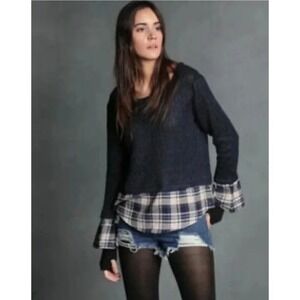 Maude Vivante Plaid Layered Top Ruffle Bell Sleeve Knit Black White Sweater‎ M